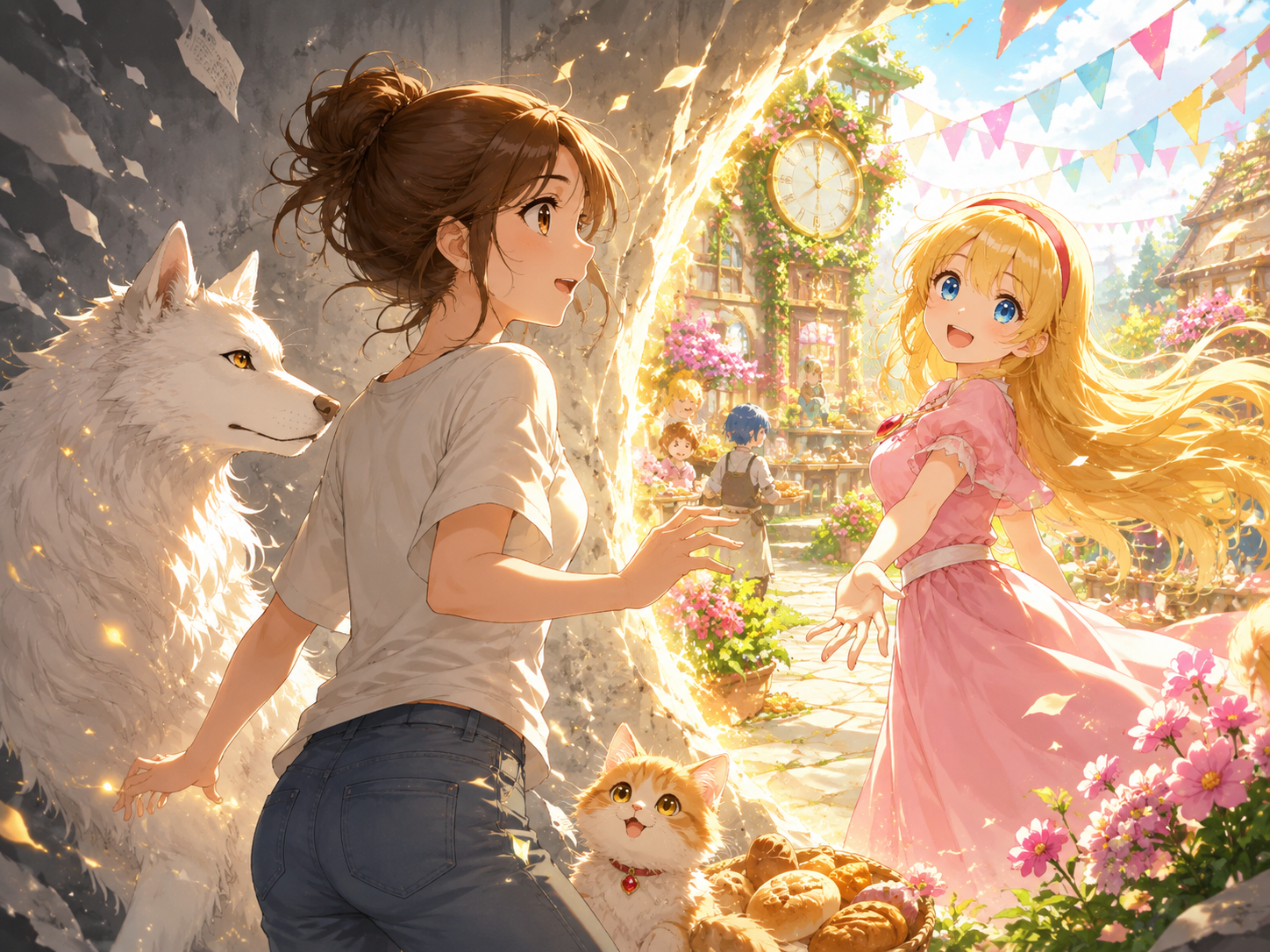 二つの時計がある庭